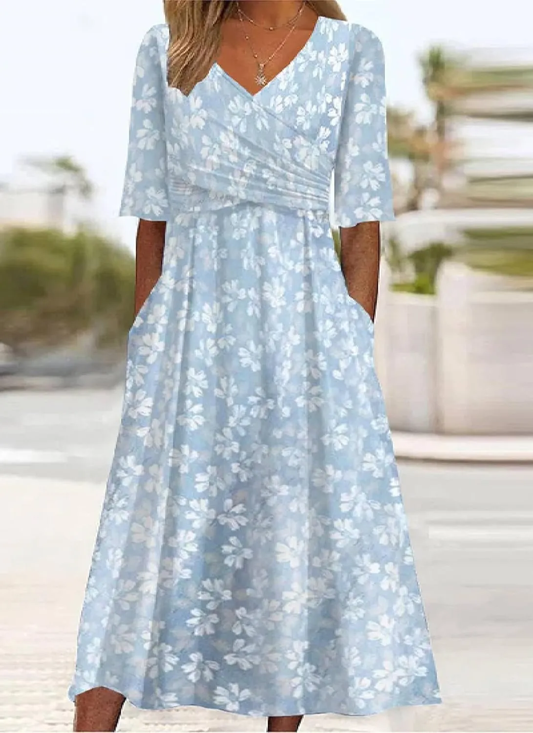 Women's Mint Green V-Neck Short Sleeve Plant Print Midi Dress with Side Pockets Elegant Casual Wear 2025 Summer Fashion
