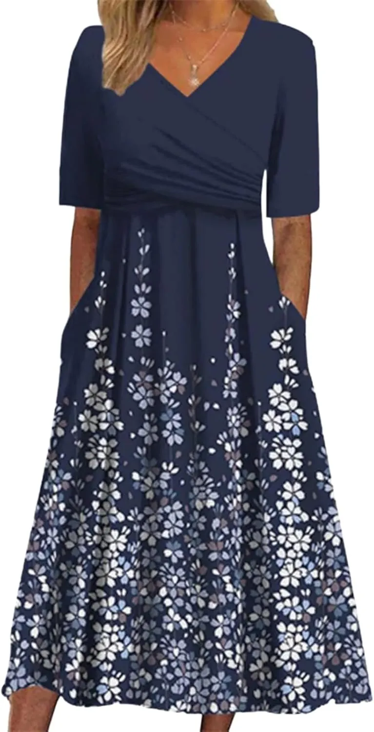 Women's Mint Green V-Neck Short Sleeve Plant Print Midi Dress with Side Pockets Elegant Casual Wear 2025 Summer Fashion