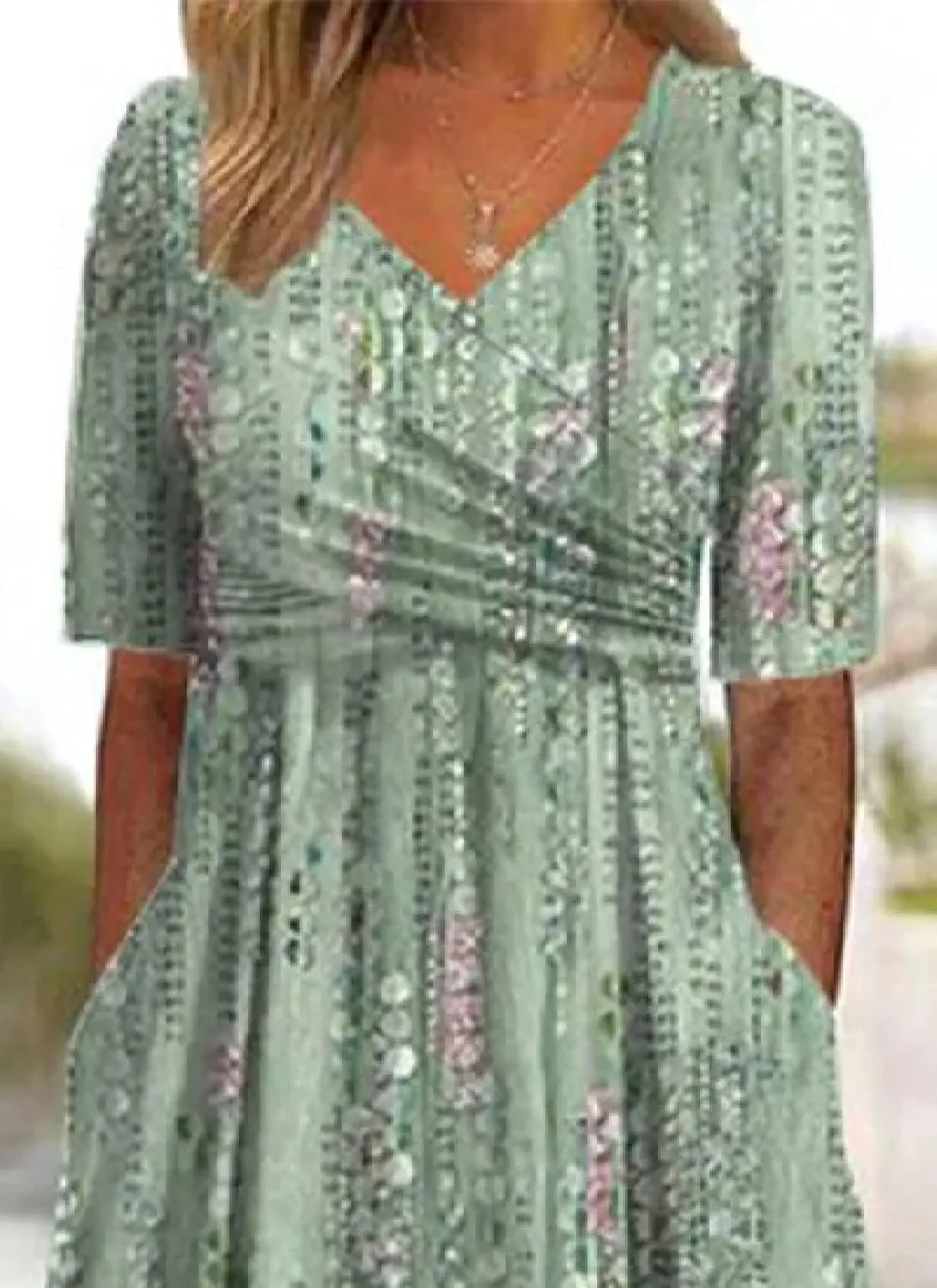 Women's Mint Green V-Neck Short Sleeve Plant Print Midi Dress with Side Pockets Elegant Casual Wear 2025 Summer Fashion