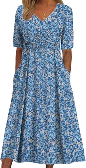 Women's Mint Green V-Neck Short Sleeve Plant Print Midi Dress with Side Pockets Elegant Casual Wear 2025 Summer Fashion