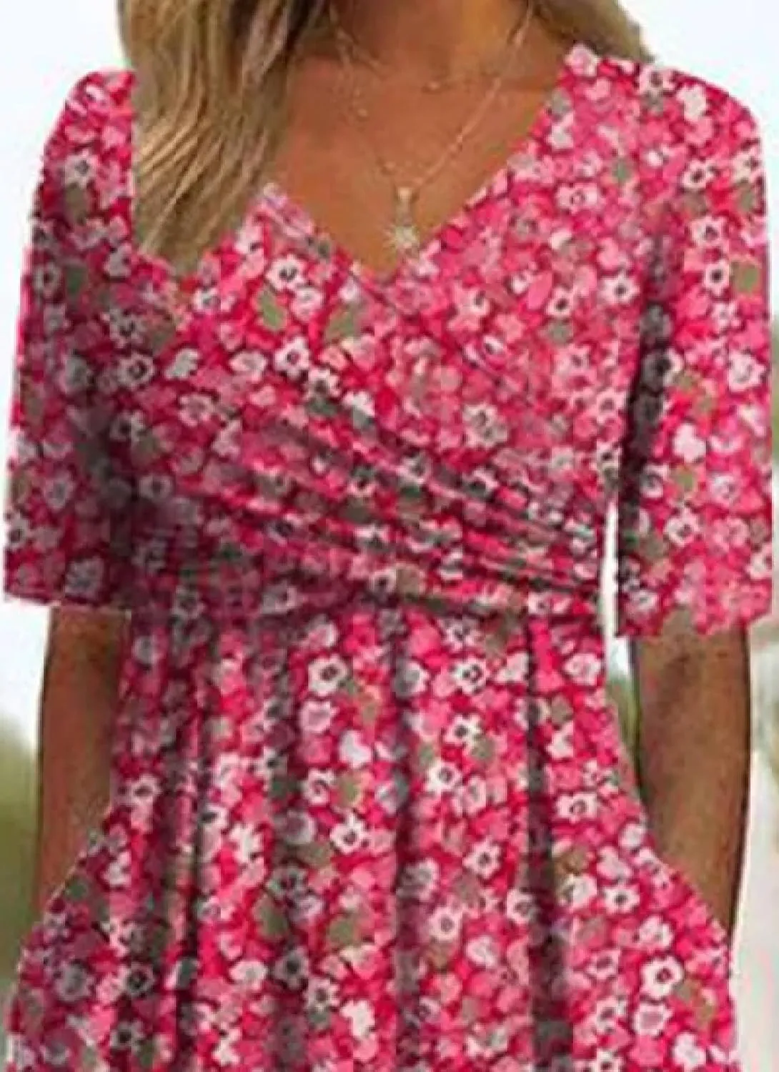 Women's Mint Green V-Neck Short Sleeve Plant Print Midi Dress with Side Pockets Elegant Casual Wear 2025 Summer Fashion