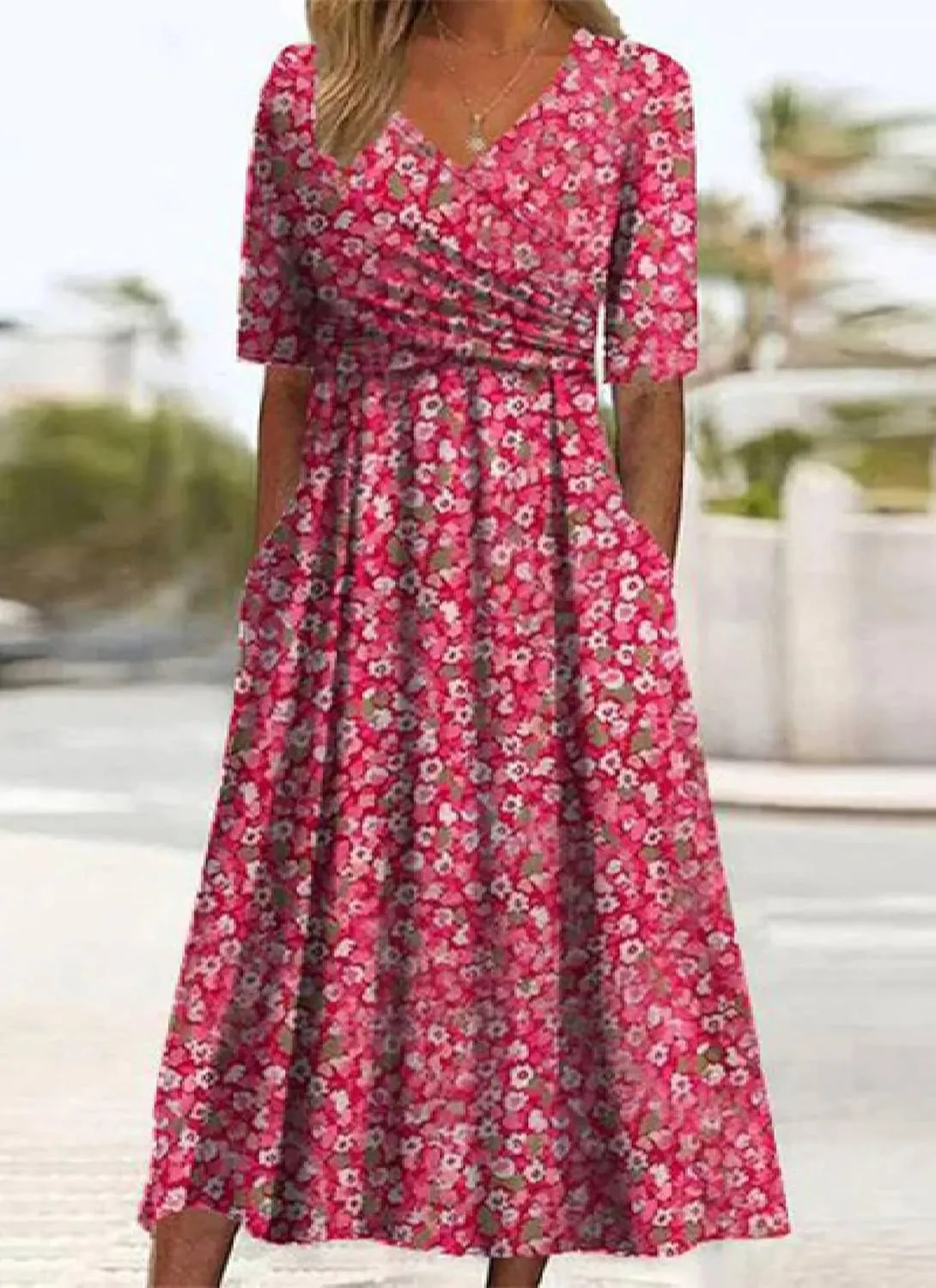 Women's Mint Green V-Neck Short Sleeve Plant Print Midi Dress with Side Pockets Elegant Casual Wear 2025 Summer Fashion