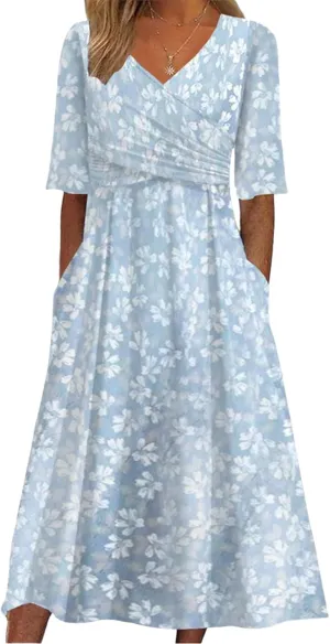 Women's Mint Green V-Neck Short Sleeve Plant Print Midi Dress with Side Pockets Elegant Casual Wear 2025 Summer Fashion