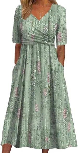 Women's Mint Green V-Neck Short Sleeve Plant Print Midi Dress with Side Pockets Elegant Casual Wear 2025 Summer Fashion