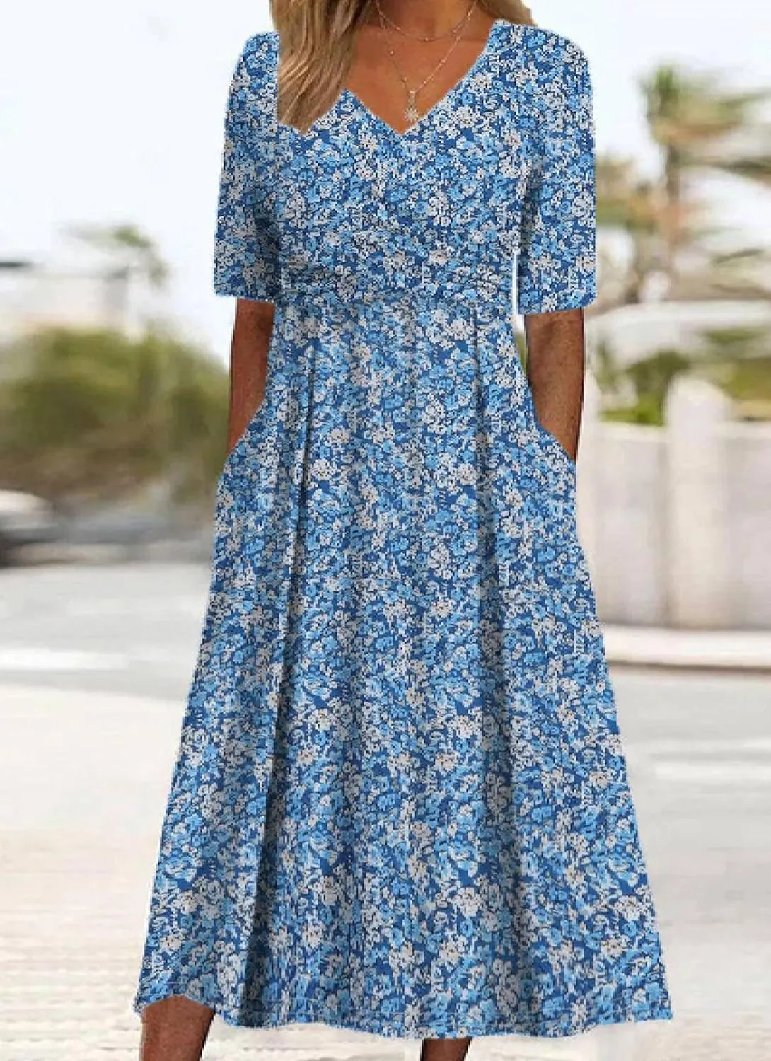 Women's Mint Green V-Neck Short Sleeve Plant Print Midi Dress with Side Pockets Elegant Casual Wear 2025 Summer Fashion