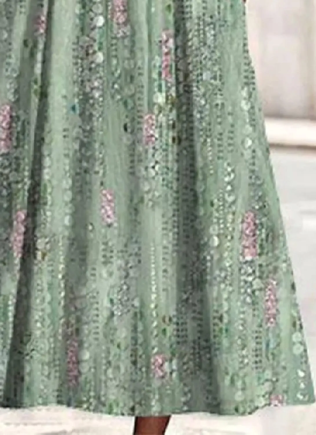 Women's Mint Green V-Neck Short Sleeve Plant Print Midi Dress with Side Pockets Elegant Casual Wear 2025 Summer Fashion