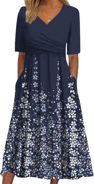 Women's Mint Green V-Neck Short Sleeve Plant Print Midi Dress with Side Pockets Elegant Casual Wear 2025 Summer Fashion
