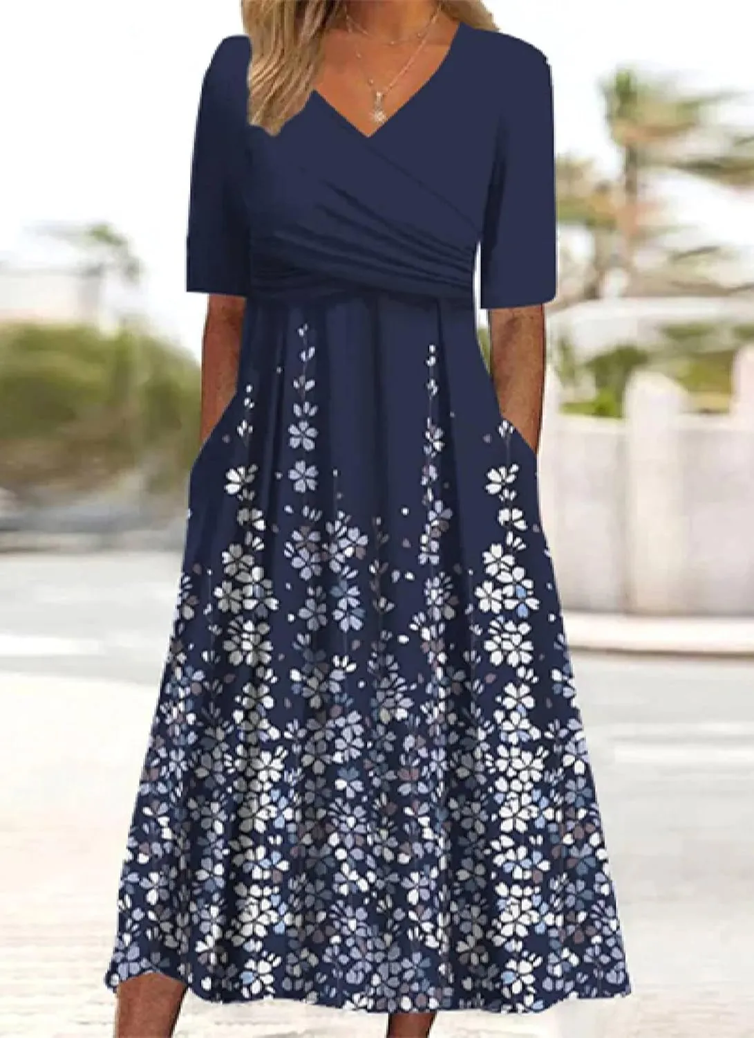 Women's Mint Green V-Neck Short Sleeve Plant Print Midi Dress with Side Pockets Elegant Casual Wear 2025 Summer Fashion