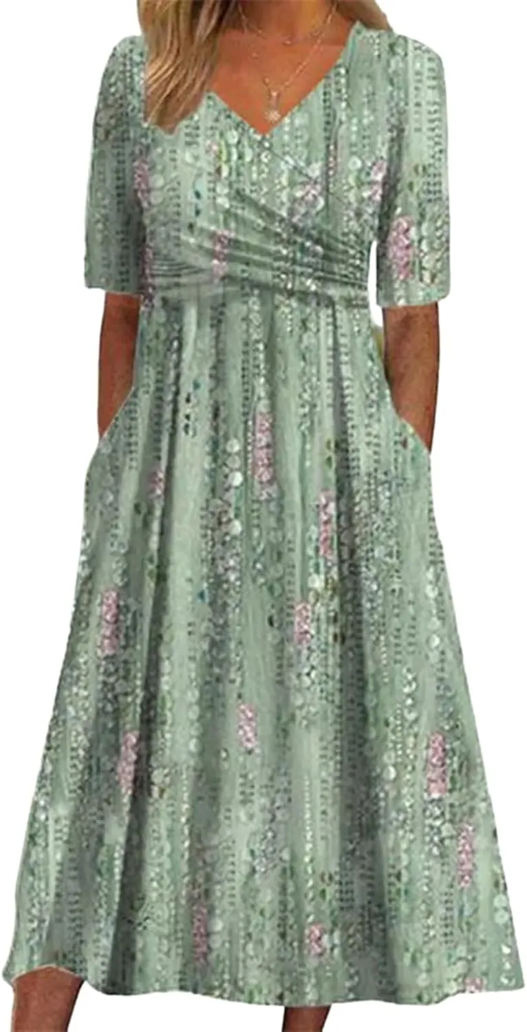Women's Mint Green V-Neck Short Sleeve Plant Print Midi Dress with Side Pockets Elegant Casual Wear 2025 Summer Fashion