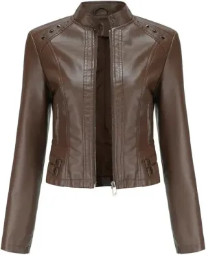 Women's Moto Biker Zipper Jacket Faux Leather Winter Coat Short Rivet Women's Clothing