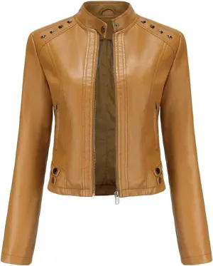 Women's Moto Biker Zipper Jacket Faux Leather Winter Coat Short Rivet Women's Clothing