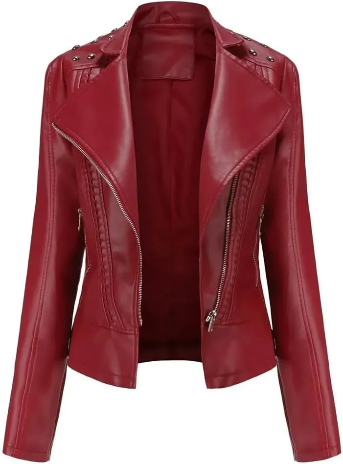 Women's Moto Biker Zipper Jacket Spring Autumn Faux Leather Jacket Women Casual Coat