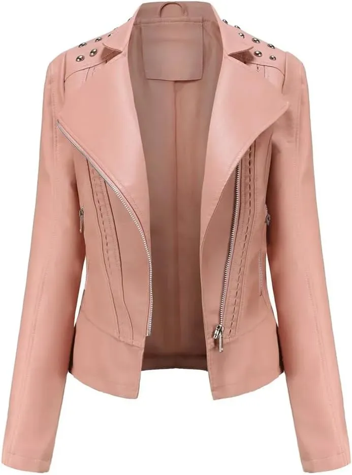 Women's Moto Biker Zipper Jacket Spring Autumn Faux Leather Jacket Women Casual Coat