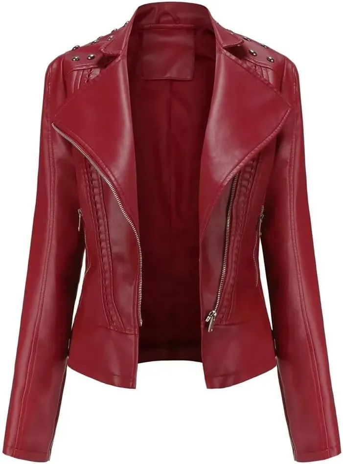 Women's Moto Biker Zipper Jacket Spring Autumn Faux Leather Jacket Women Casual Coat