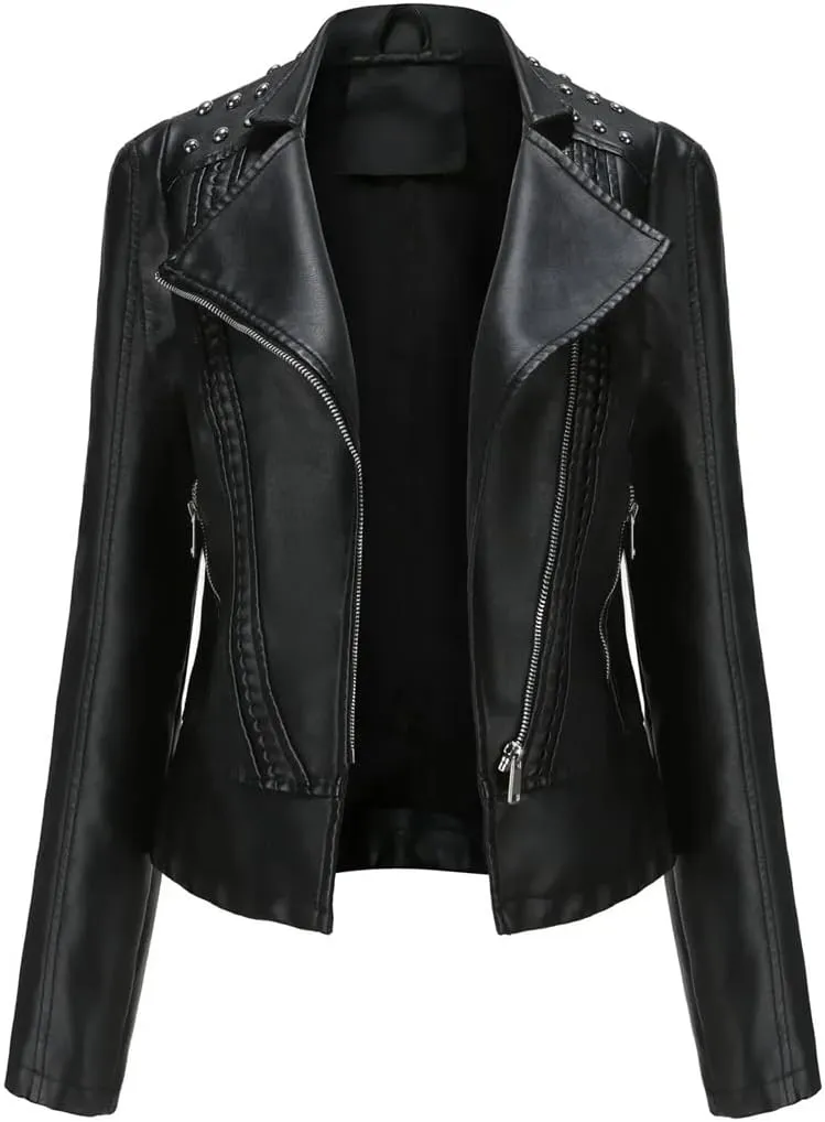 Women's Moto Biker Zipper Jacket Spring Autumn Faux Leather Jacket Women Casual Coat