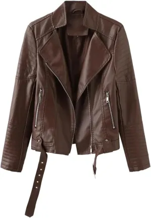 Women's Moto Biker Zipper Jacket Winter Faux Leather Jacket Short Outerwear Women's Top