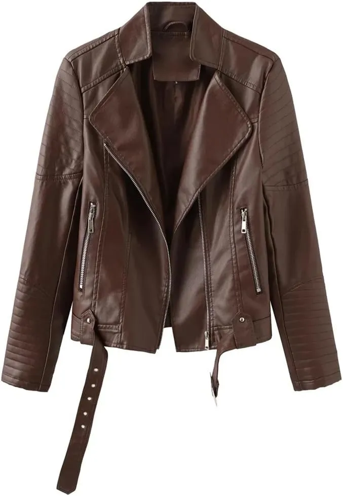 Women's Moto Biker Zipper Jacket Winter Faux Leather Jacket Short Outerwear Women's Top
