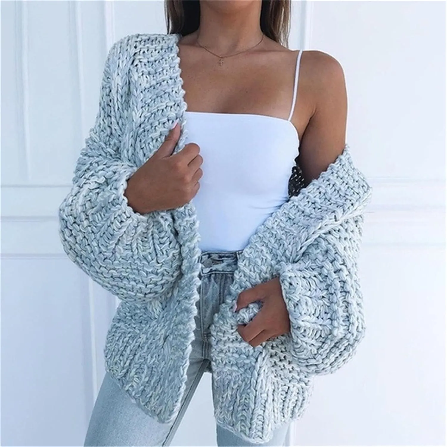 Womens Open Front Long Sleeve Chunky Knit Cardigan Sweaters Loose Outwear Coat