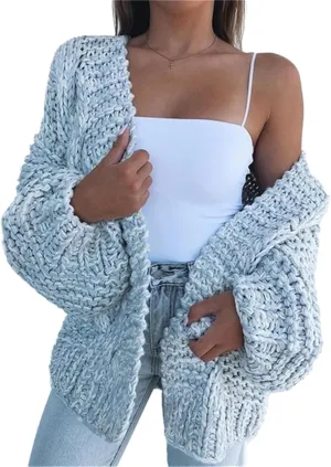 Womens Open Front Long Sleeve Chunky Knit Cardigan Sweaters Loose Outwear Coat