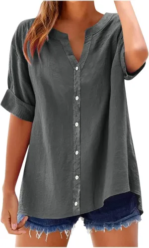 Women's Oversized Button Down Shirts Summer Cotton Linen Blouse V-Neck Short Sleeve Loose Tunic Tops Office Work Tees