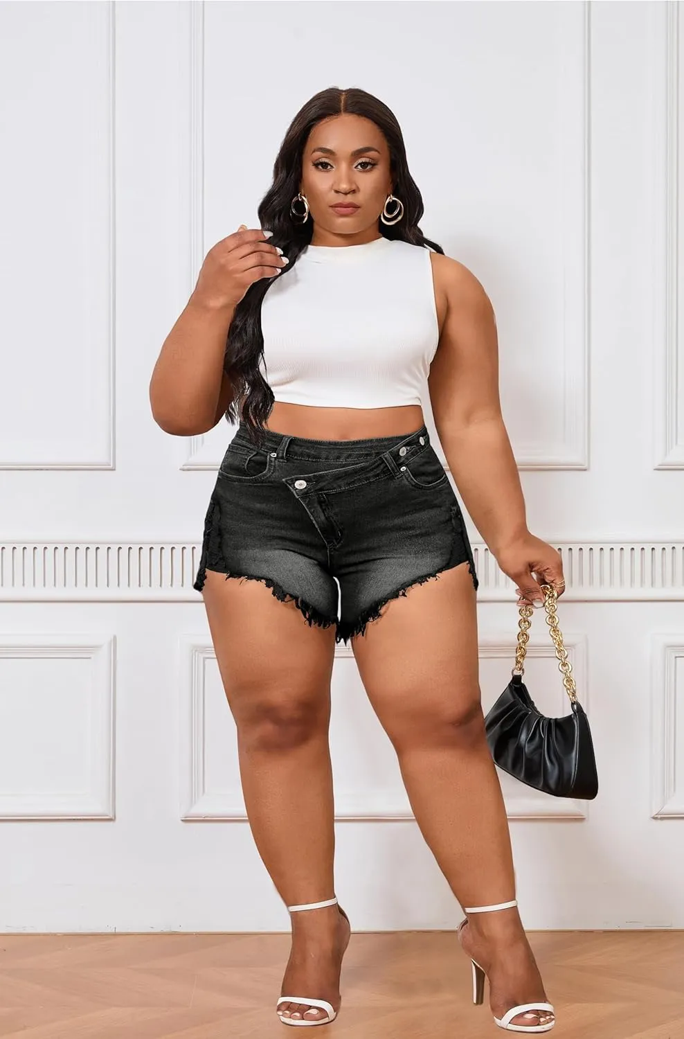 Women's Plus Size High Waisted Crossover Jean Shorts Ripped Raw Hem Summer Hot Denim Shorts