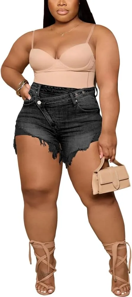 Women's Plus Size High Waisted Crossover Jean Shorts Ripped Raw Hem Summer Hot Denim Shorts
