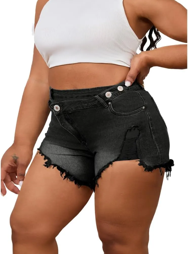 Women's Plus Size High Waisted Crossover Jean Shorts Ripped Raw Hem Summer Hot Denim Shorts