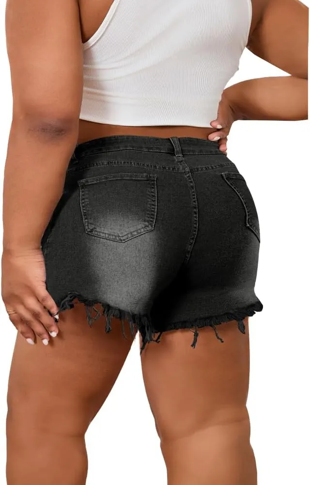 Women's Plus Size High Waisted Crossover Jean Shorts Ripped Raw Hem Summer Hot Denim Shorts