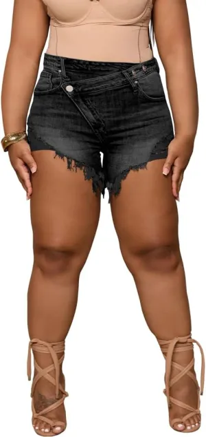 Women's Plus Size High Waisted Crossover Jean Shorts Ripped Raw Hem Summer Hot Denim Shorts