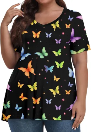 Womens Plus Size Tops Summer Short Sleeve Tunic Shirts Dressy Casual Loose V-Neck Cute Print Blouses