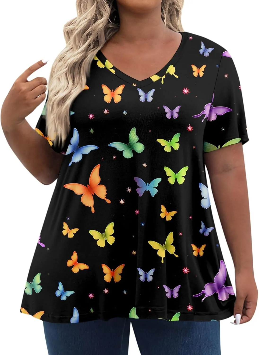 Womens Plus Size Tops Summer Short Sleeve Tunic Shirts Dressy Casual Loose V-Neck Cute Print Blouses