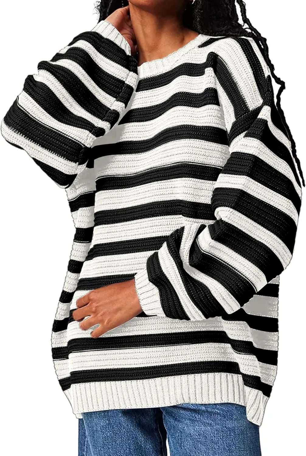 Women's Pullover Oversized Striped Sweaters 2025 Crewneck Batwing Long Sleeve Knit Tops Fall Winter Sweater Jumper