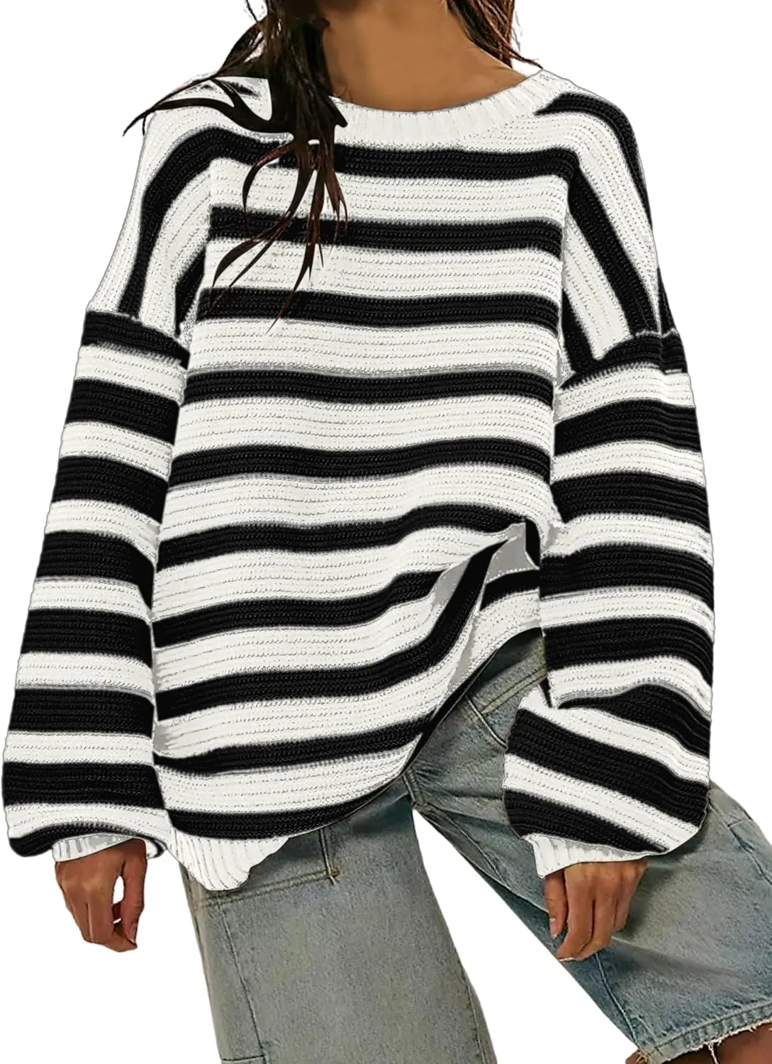 Women's Pullover Oversized Striped Sweaters 2025 Crewneck Batwing Long Sleeve Knit Tops Fall Winter Sweater Jumper