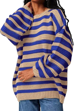 Women's Pullover Oversized Striped Sweaters 2025 Crewneck Batwing Long Sleeve Knit Tops Fall Winter Sweater Jumper