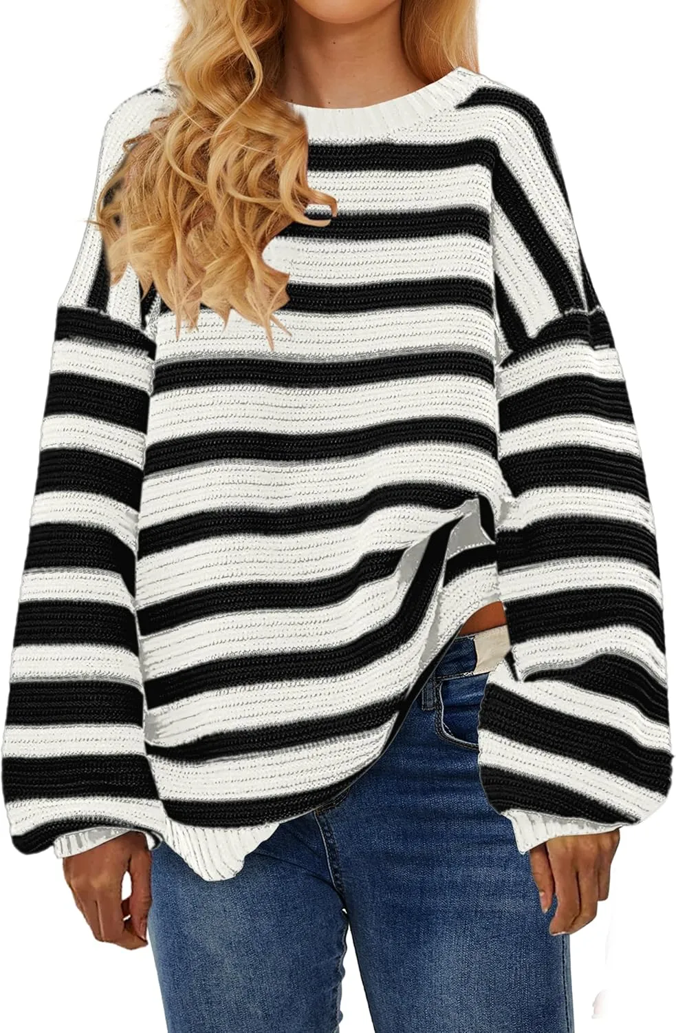 Women's Pullover Oversized Striped Sweaters 2025 Crewneck Batwing Long Sleeve Knit Tops Fall Winter Sweater Jumper