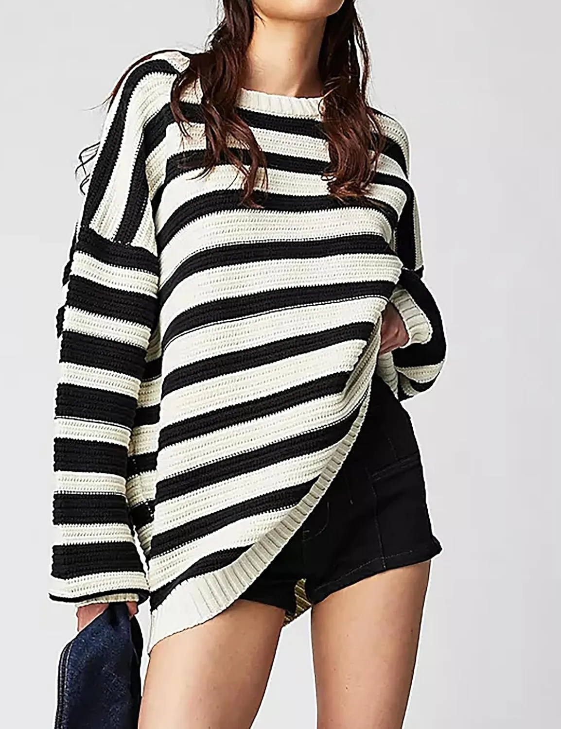 Women's Pullover Oversized Striped Sweaters 2025 Crewneck Batwing Long Sleeve Knit Tops Fall Winter Sweater Jumper