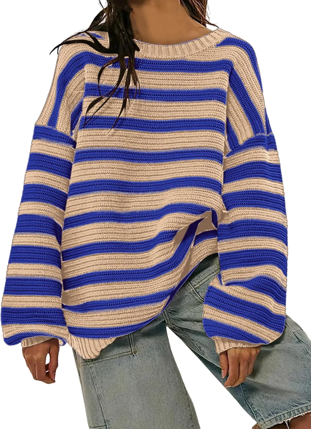 Women's Pullover Oversized Striped Sweaters 2025 Crewneck Batwing Long Sleeve Knit Tops Fall Winter Sweater Jumper