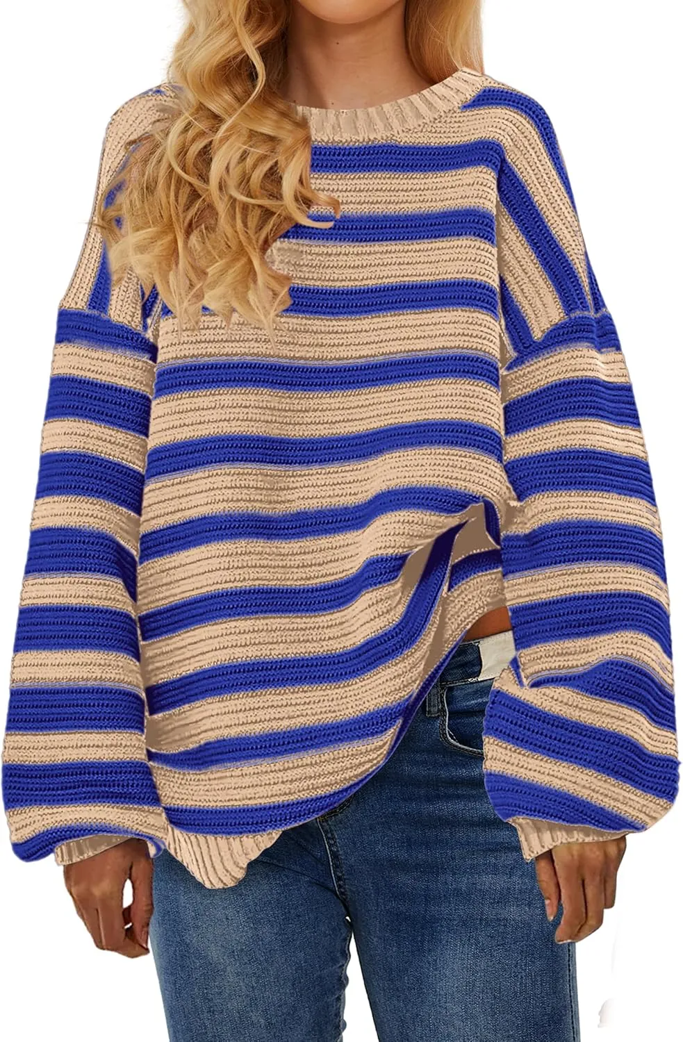 Women's Pullover Oversized Striped Sweaters 2025 Crewneck Batwing Long Sleeve Knit Tops Fall Winter Sweater Jumper