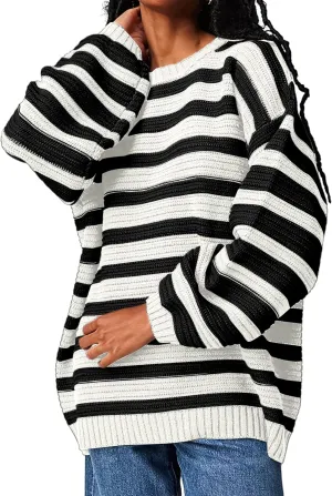 Women's Pullover Oversized Striped Sweaters 2025 Crewneck Batwing Long Sleeve Knit Tops Fall Winter Sweater Jumper
