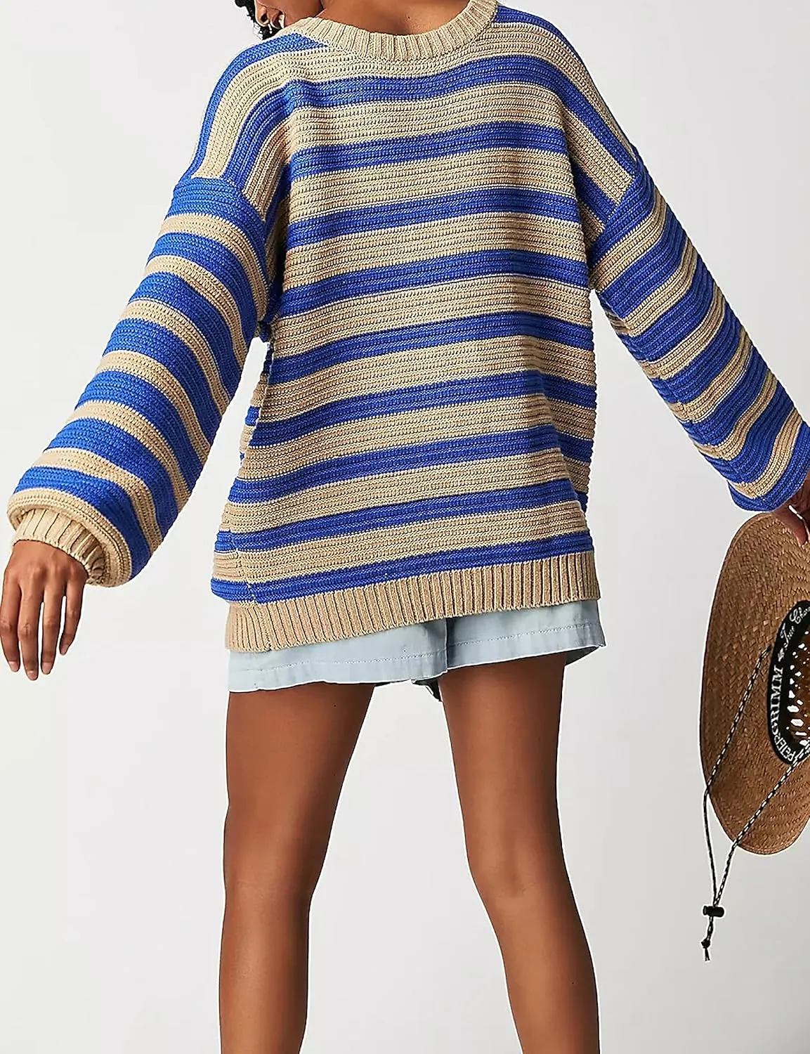 Women's Pullover Oversized Striped Sweaters 2025 Crewneck Batwing Long Sleeve Knit Tops Fall Winter Sweater Jumper