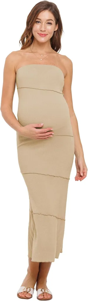 Womens Ribbed Strapless Tube Maxi Maternity Dress