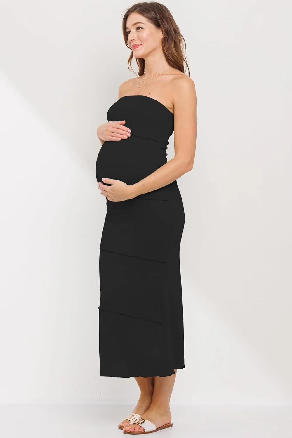 Womens Ribbed Strapless Tube Maxi Maternity Dress