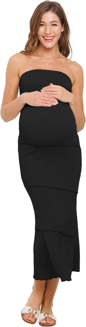Womens Ribbed Strapless Tube Maxi Maternity Dress