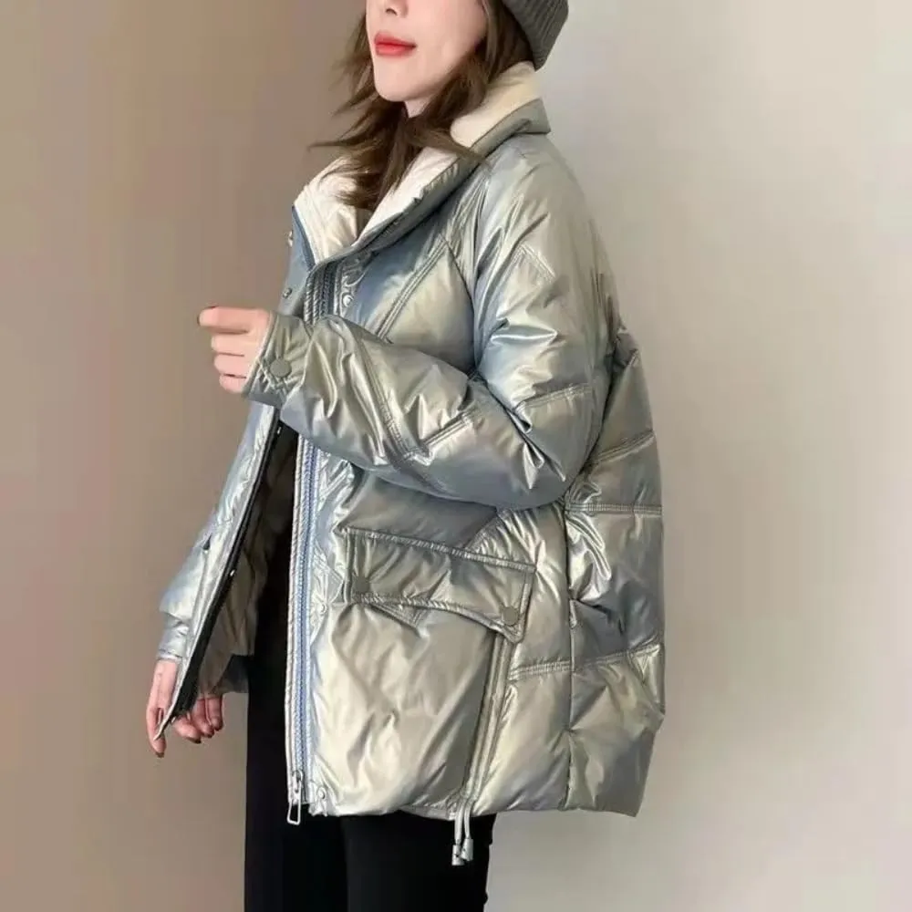 Women's Shiny Coat Solid Long Sleeve Zipper Puffer Jacket Winter Quilted Short Down Warm Coat with Pockets