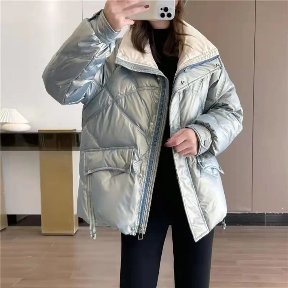 Women's Shiny Coat Solid Long Sleeve Zipper Puffer Jacket Winter Quilted Short Down Warm Coat with Pockets