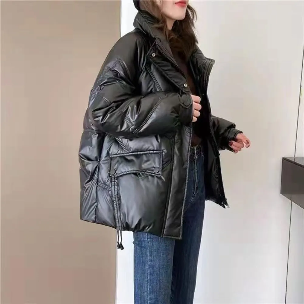 Women's Shiny Coat Solid Long Sleeve Zipper Puffer Jacket Winter Quilted Short Down Warm Coat with Pockets