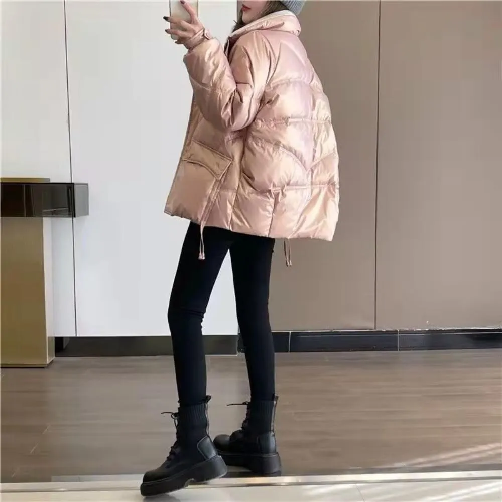 Women's Shiny Coat Solid Long Sleeve Zipper Puffer Jacket Winter Quilted Short Down Warm Coat with Pockets