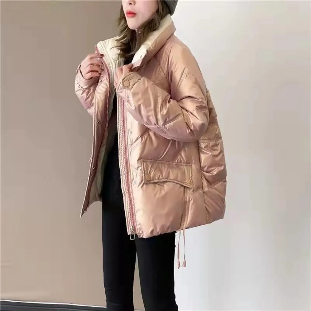 Women's Shiny Coat Solid Long Sleeve Zipper Puffer Jacket Winter Quilted Short Down Warm Coat with Pockets