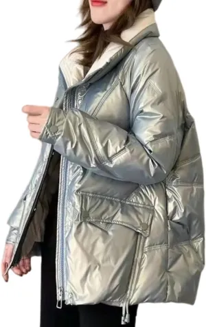 Women's Shiny Coat Solid Long Sleeve Zipper Puffer Jacket Winter Quilted Short Down Warm Coat with Pockets