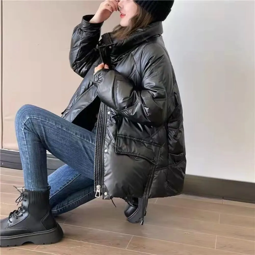 Women's Shiny Coat Solid Long Sleeve Zipper Puffer Jacket Winter Quilted Short Down Warm Coat with Pockets